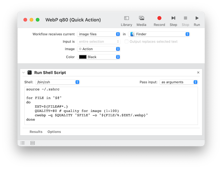 Creating an Automator Quick Action for converting images to WebP