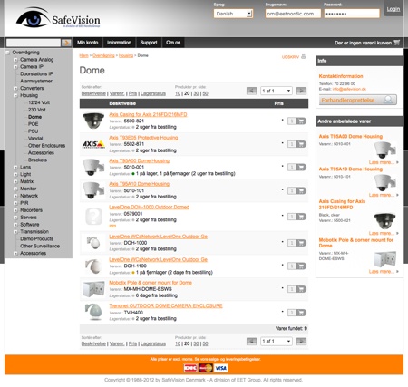 Product page showing a range of products and prices